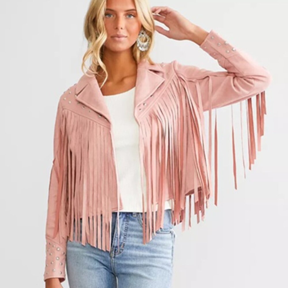Pink Fringe Faux Suede Jacket